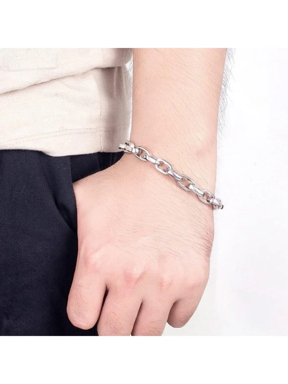 Handmade Solid 925 Silver Box Chain Bracelet for Men, Hip Hop Style, 7-10 Inch